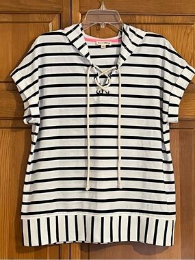 Jane and Delancey womens L nautical hooded top black & white striped cap sleeves